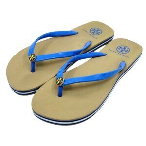 TORY BURCH~Cobalt Blue & Tan Gold Reva Logo FLIP FLOPS SIZE 7.5 Near New